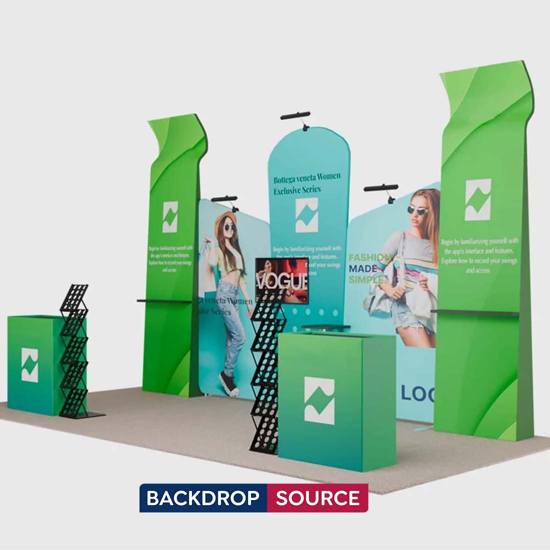 3x6m Booth Kit with Inclined Walls, 3D Shelf Stands & 2 Counters