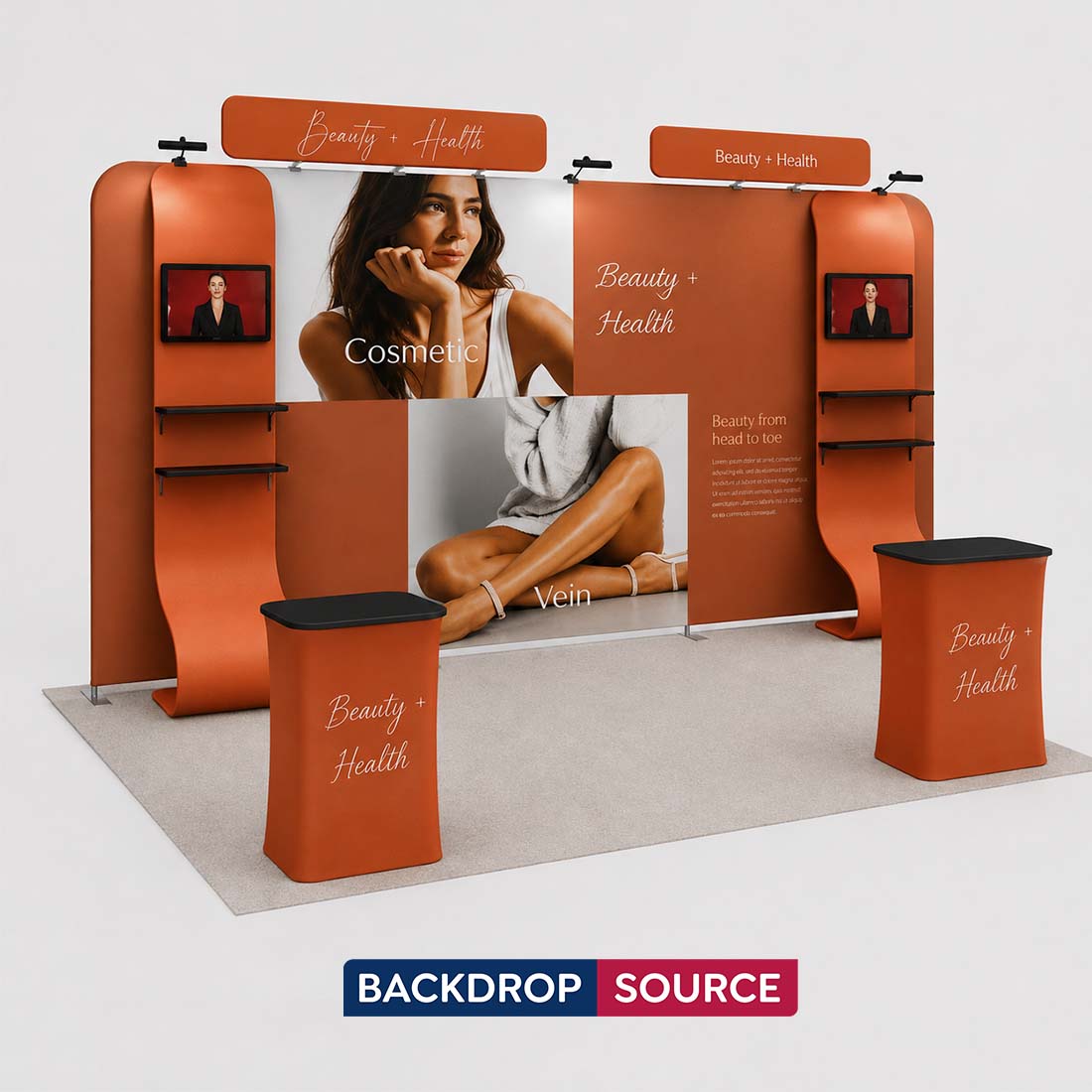 3x6m Booth Kit with 6m Backwall, Waterfall TV Shelves & Counters