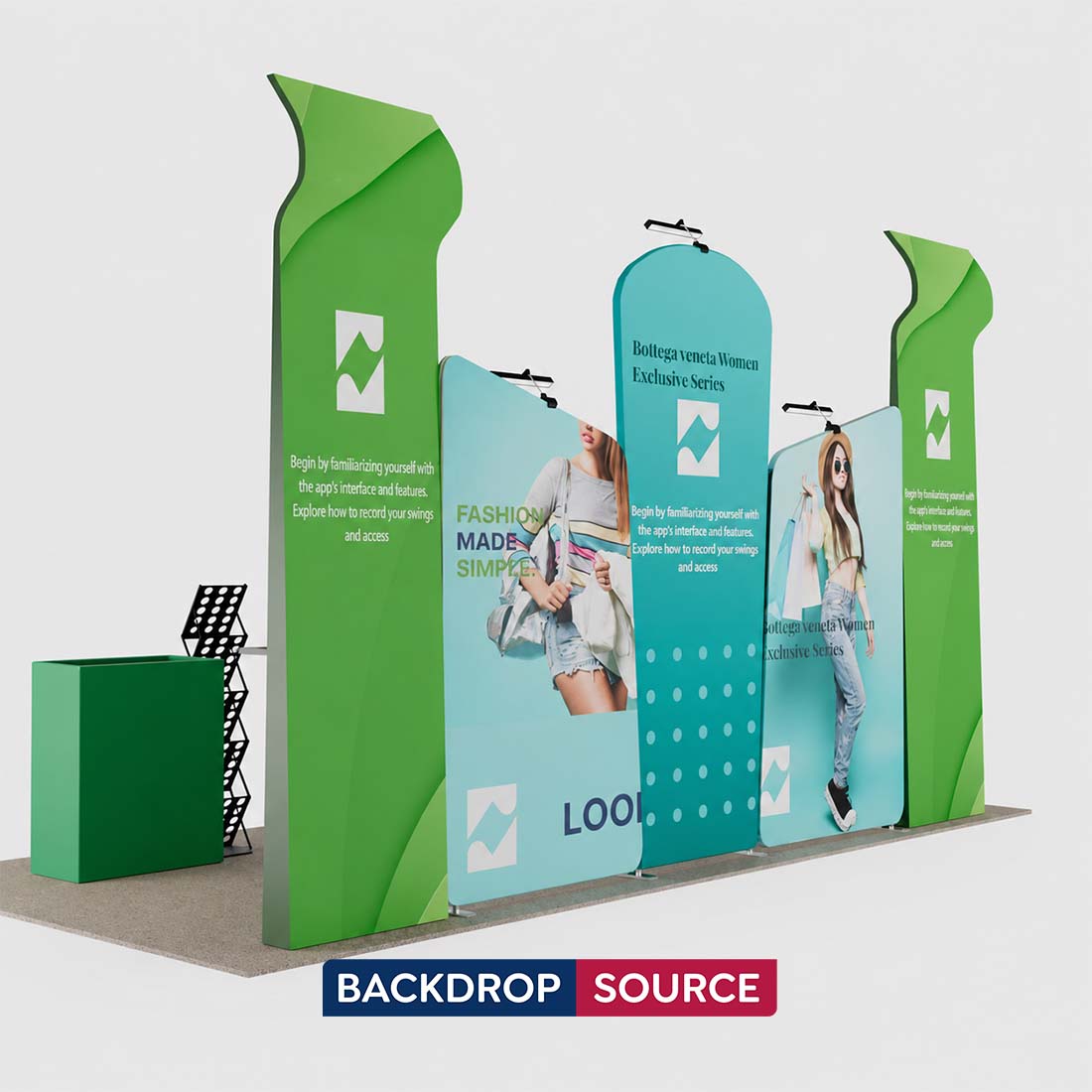 3x6m Booth Kit with Inclined Walls, 3D Shelf Stands & 2 Counters