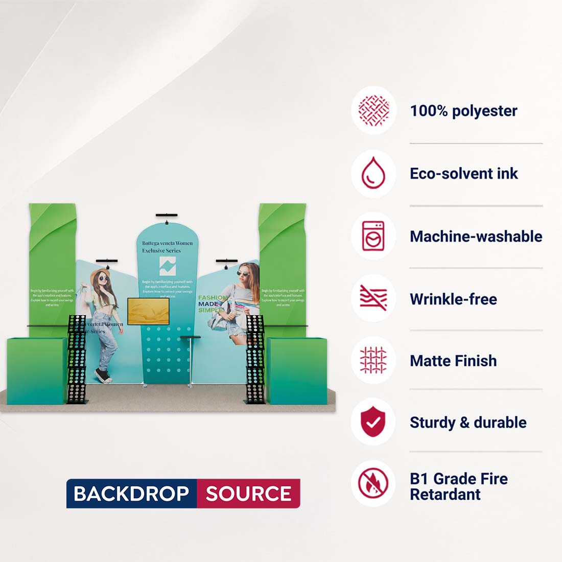 3x6m Booth Kit with Inclined Walls, 3D Shelf Stands & 2 Counters