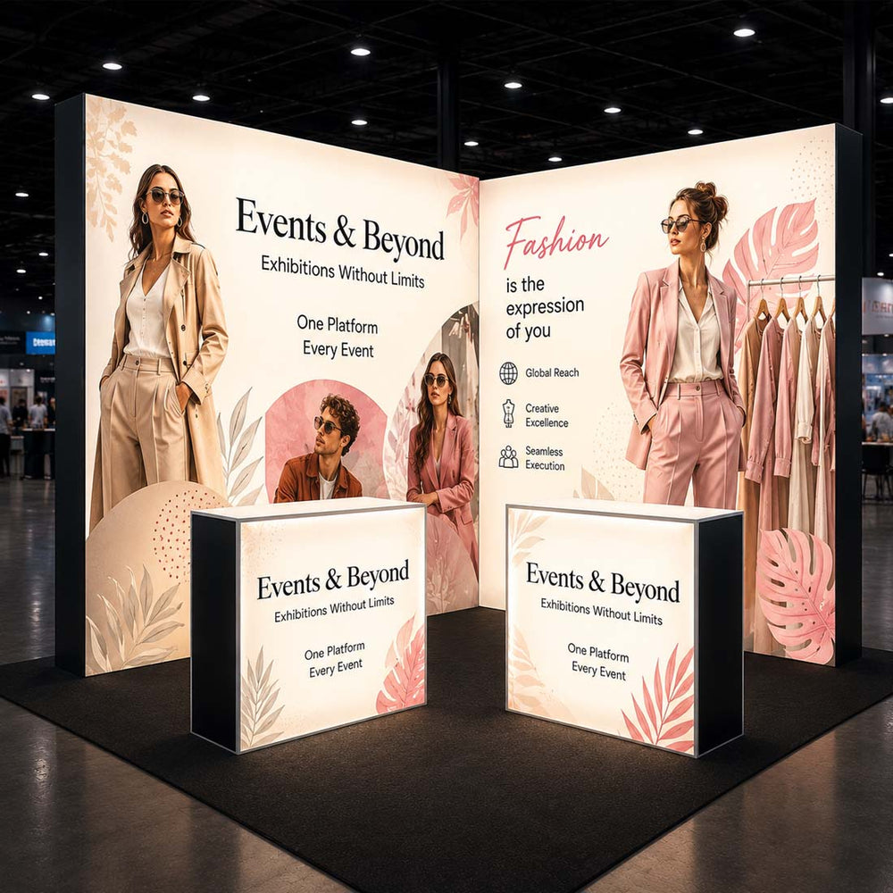 L-Shaped Illuminated Media Wall Set with Counters for 3x3m Booths