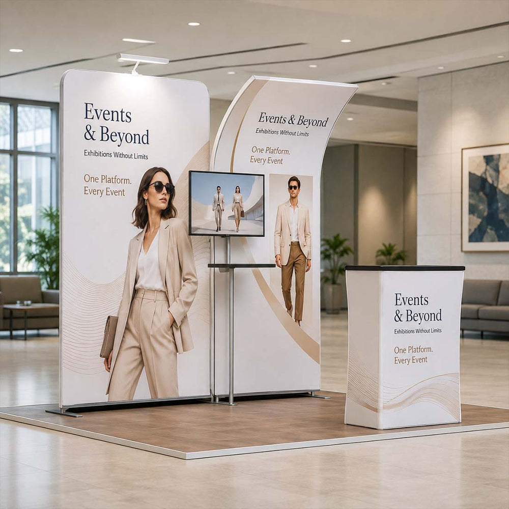 3x3m Booth Kit with Curved & Tall Straight Walls, Counter & TV
