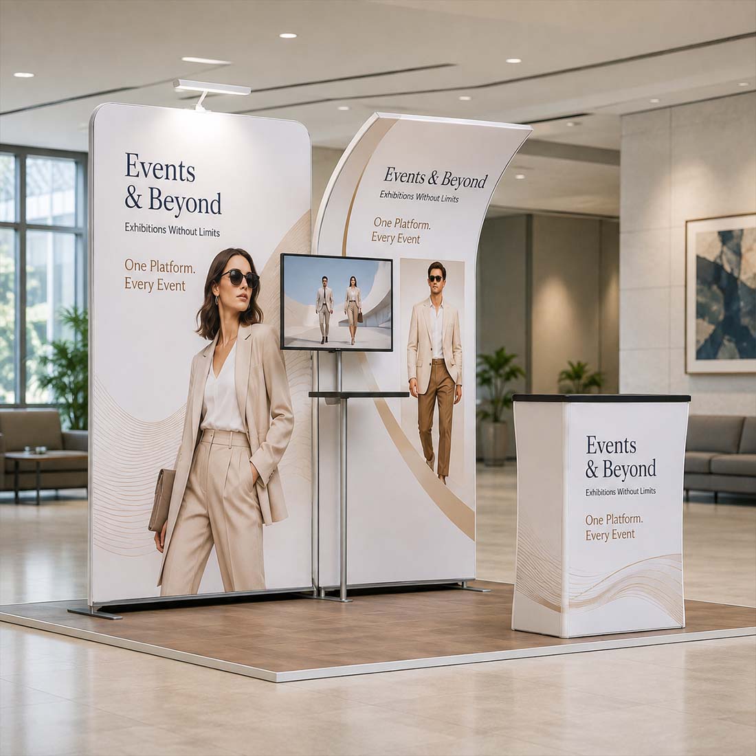 3x3m Booth Kit with Curved & Tall Straight Walls, Counter & TV
