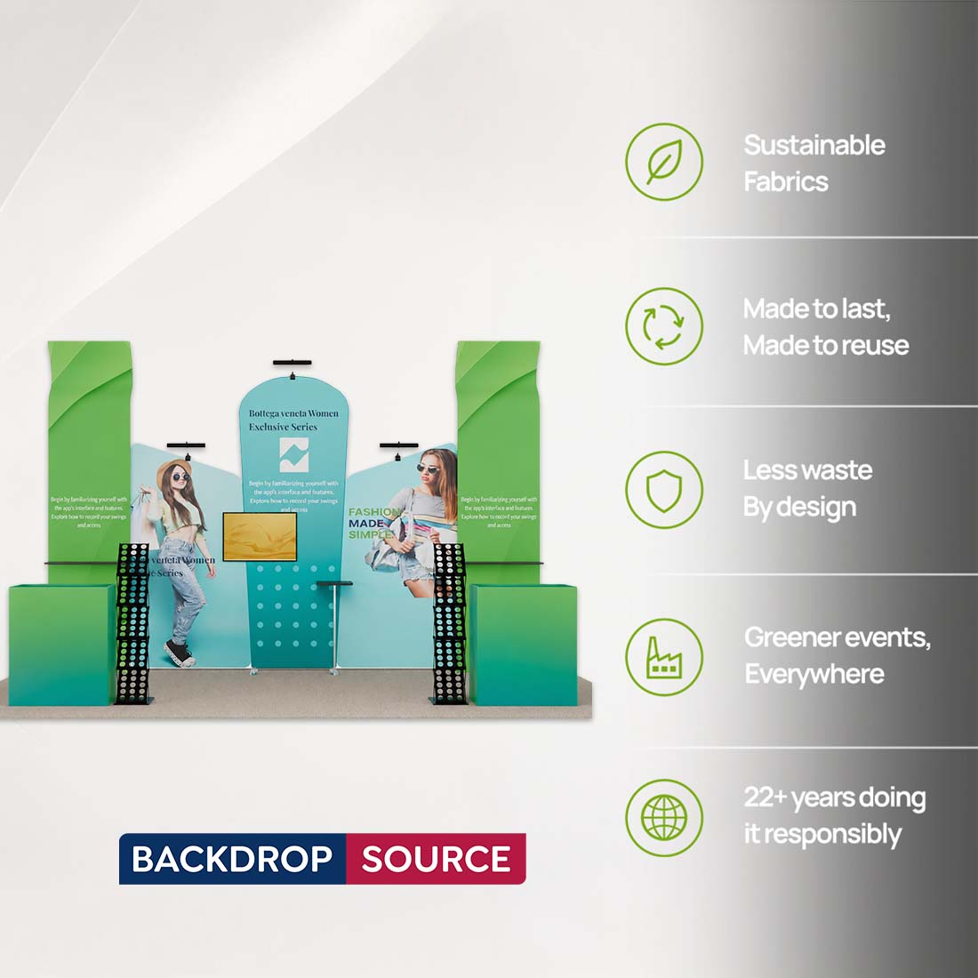 3x6m Booth Kit with Inclined Walls, 3D Shelf Stands & 2 Counters