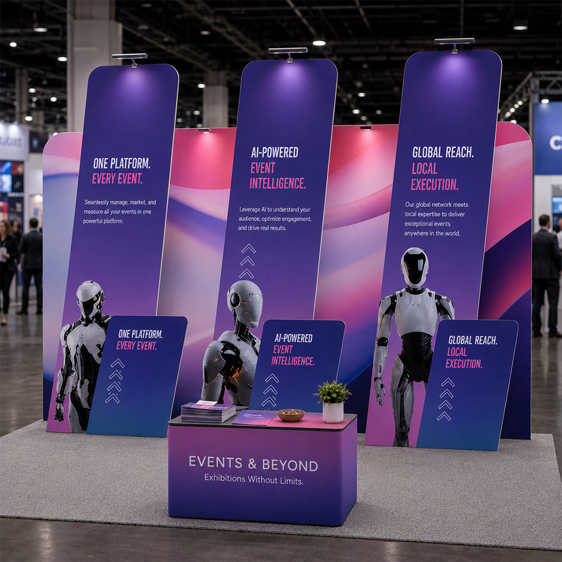 6x3m Booth Kit with 6m Backwall, Slanted Towers & Counter
