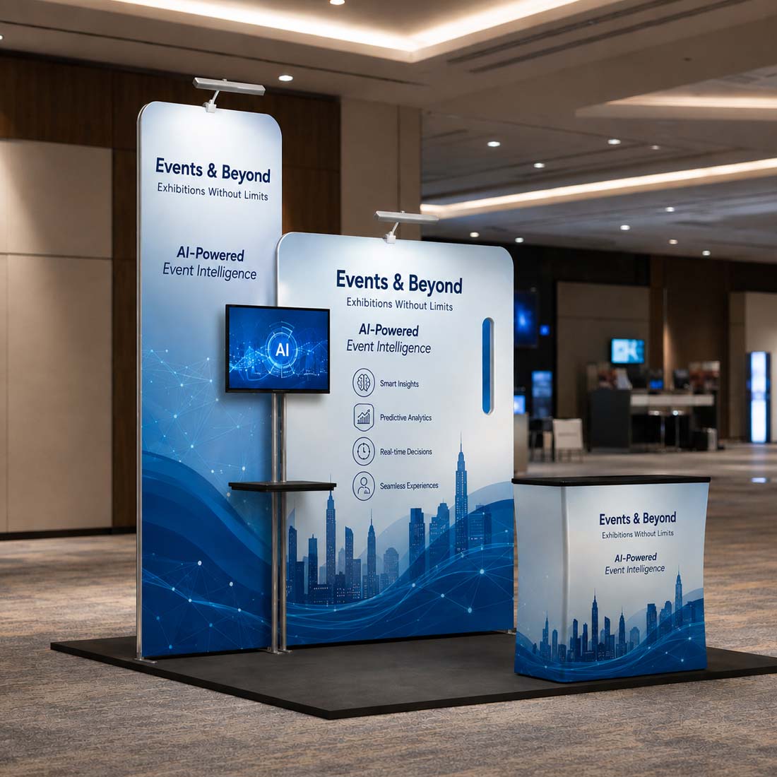 3x3m Booth Kit with Tall & Wide Straight Walls, Counter & TV