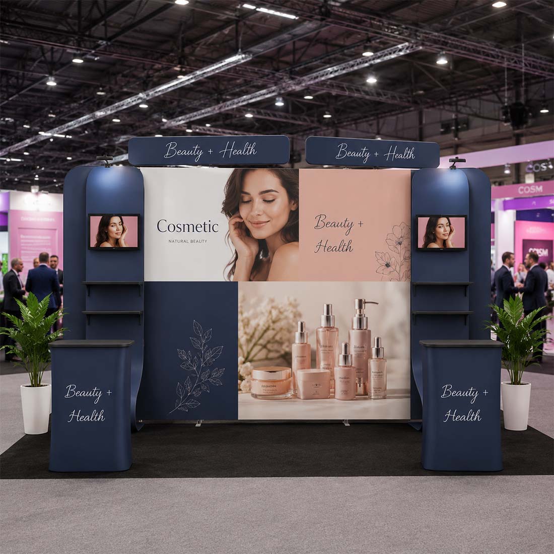 3x6m Booth Kit with 6m Backwall, Waterfall TV Shelves & Counters