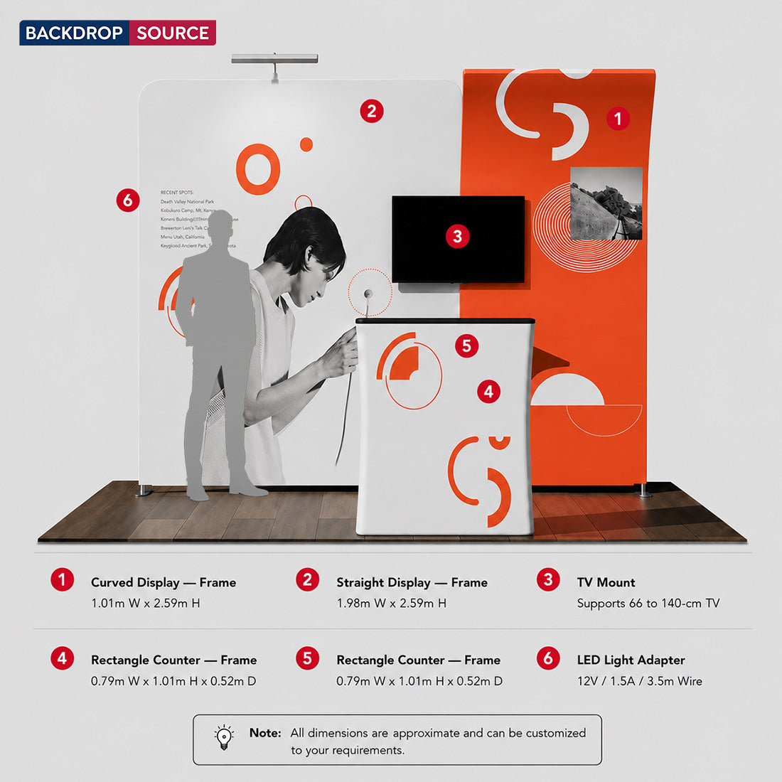 3x3m Booth Kit with Curved & Tall Straight Walls, Counter & TV