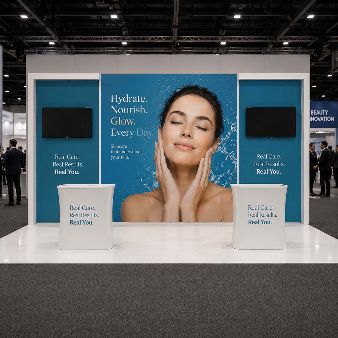 3x6m Backlit SEG Booth Kit with L-Arch Stands & 2 TV Walls
