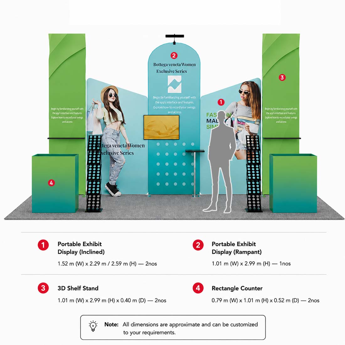 3x6m Booth Kit with Inclined Walls, 3D Shelf Stands & 2 Counters