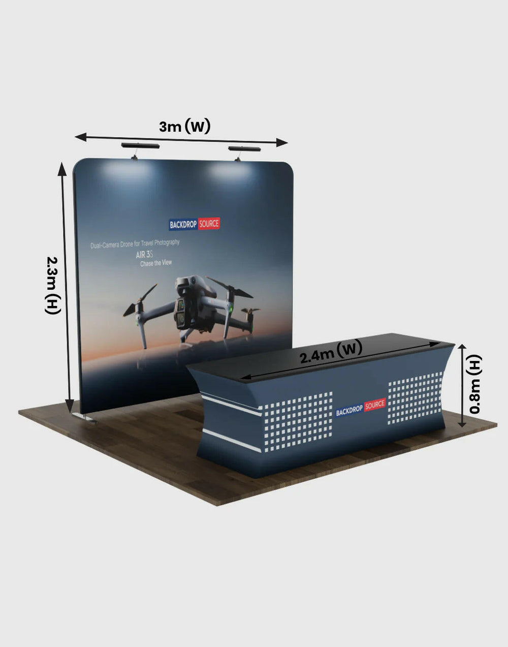 Compact 3mx3m Booth Kit with Backwall and Table Cover.