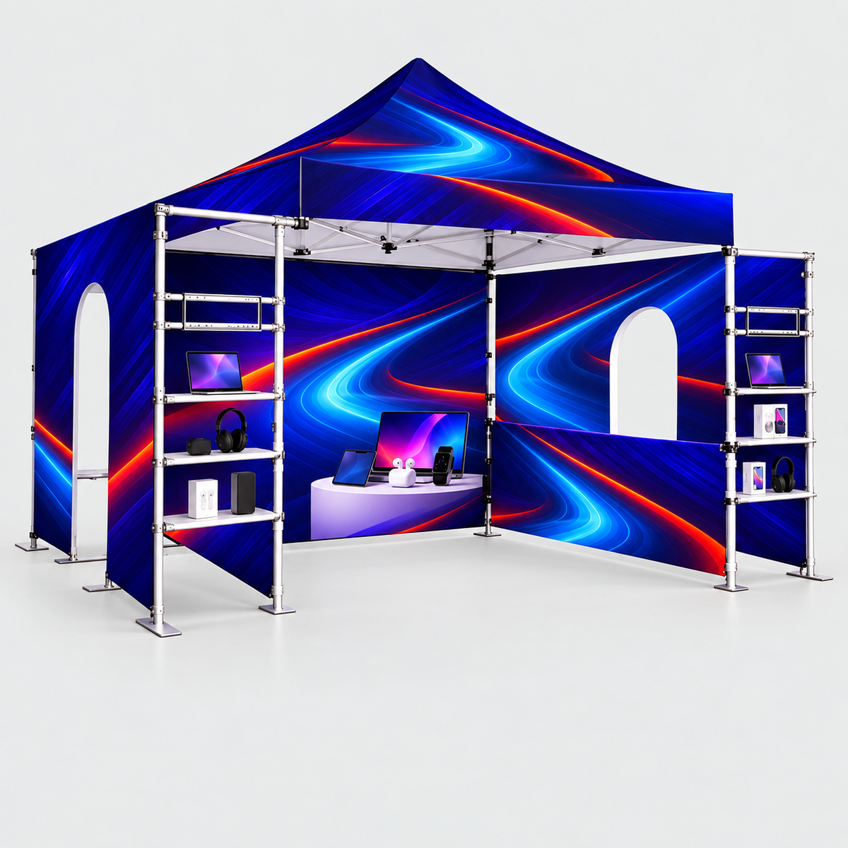 10ft x 10ft Fabric Canopy Kit A6 with Dual Arch Doorways & Quad Display Shelving