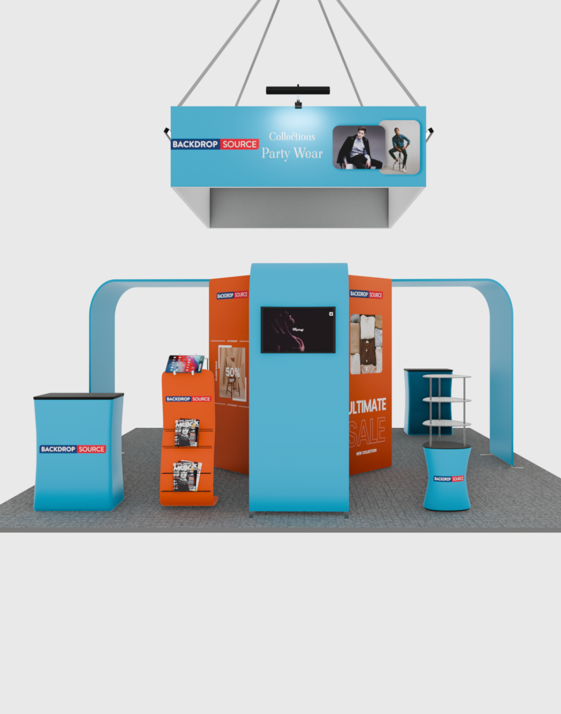 6x6m Island Booth with 8-Sided Tower, TV Arches & iPad Stands