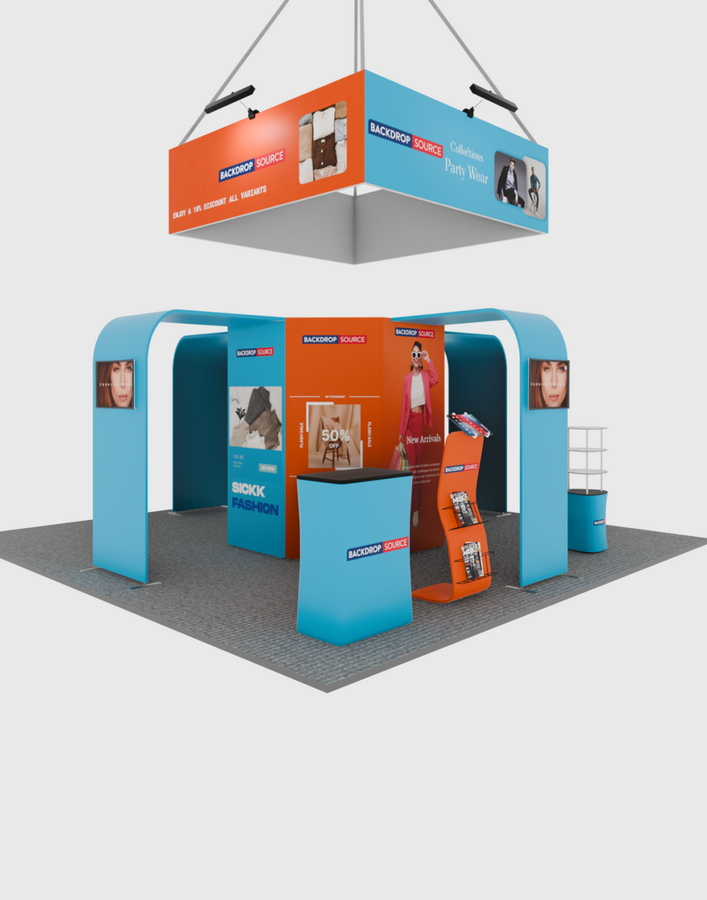 6x6m Island Booth with 8-Sided Tower, TV Arches & iPad Stands