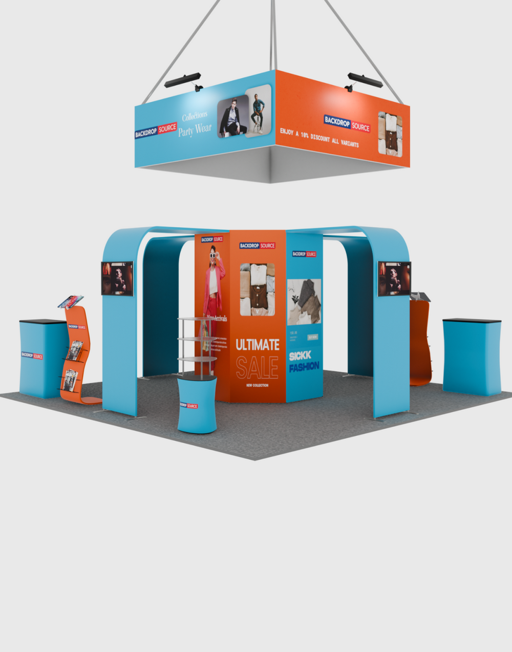 6x6m Island Booth with 8-Sided Tower, TV Arches & iPad Stands