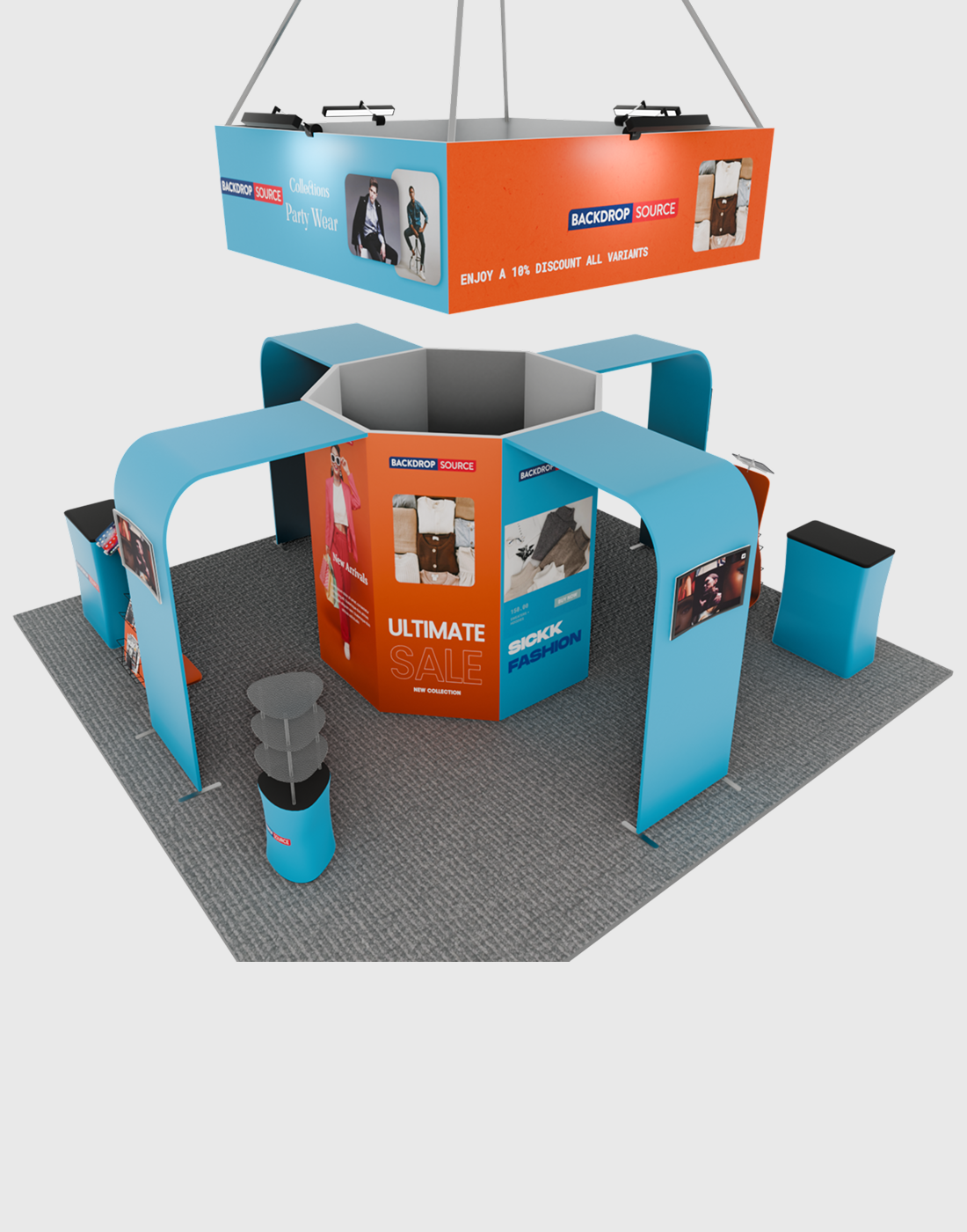 6x6m Island Booth with 8-Sided Tower, TV Arches & iPad Stands