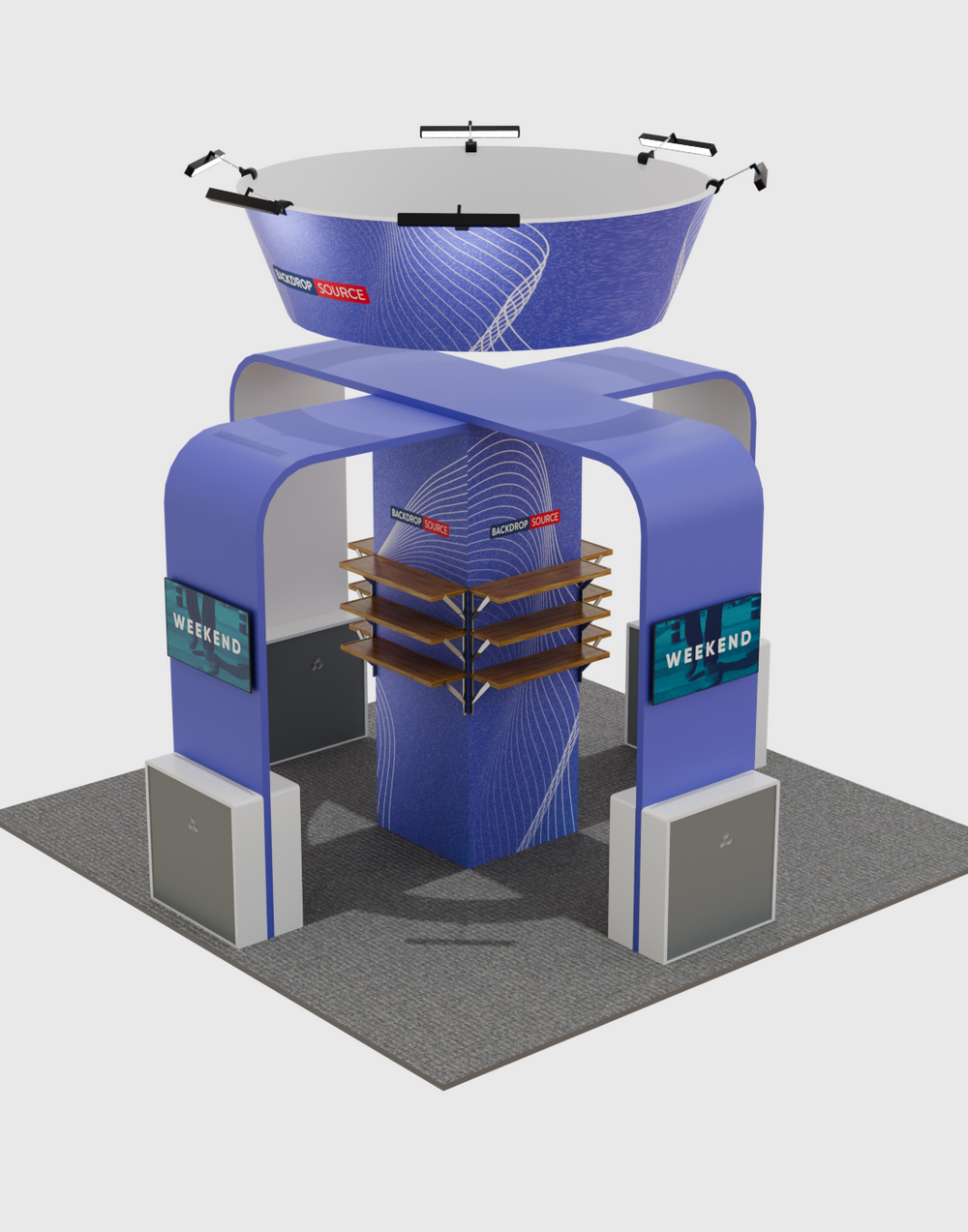6x6m Island Booth with TV Arches, Cubic Tower & 12 Shelves