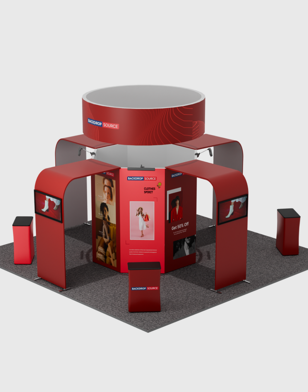 6x6m Island Booth with Circular Banner, TV Arches & 4 Counters