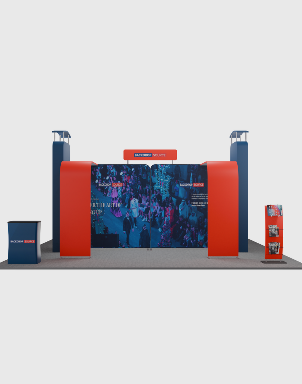 6x6m Booth Kit with 3D Media Walls, Arch Displays & 3 Counters