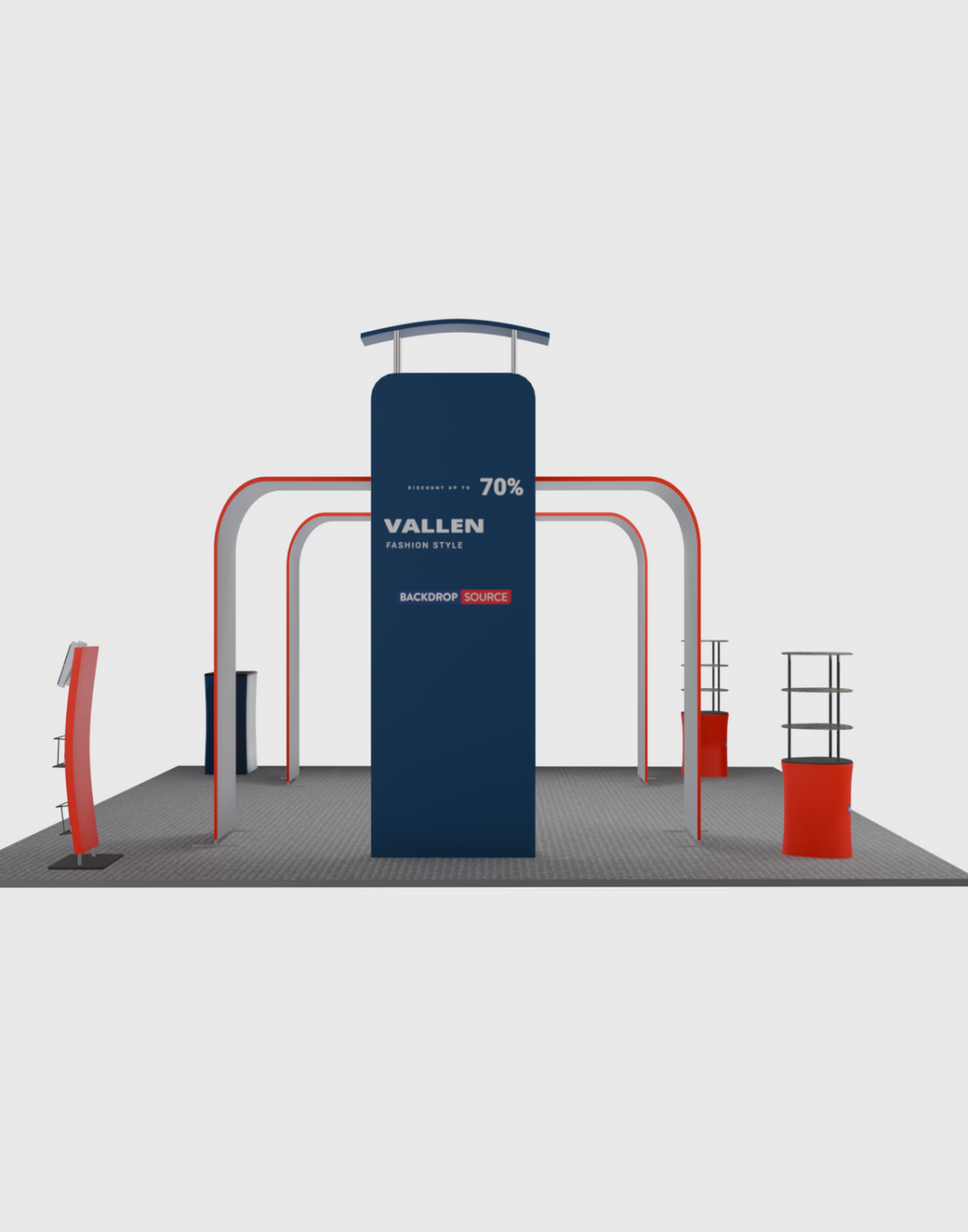 6x6m Booth Kit with 3D Media Walls, Arch Displays & 3 Counters