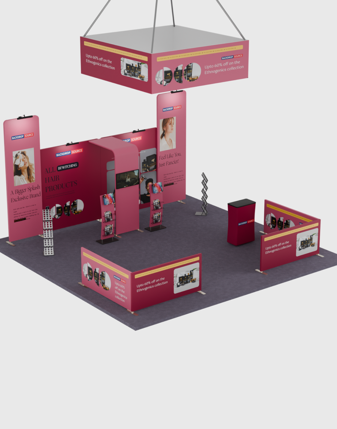6x6m Booth Kit with Tension Walls, TV Arch & Brochure Stands