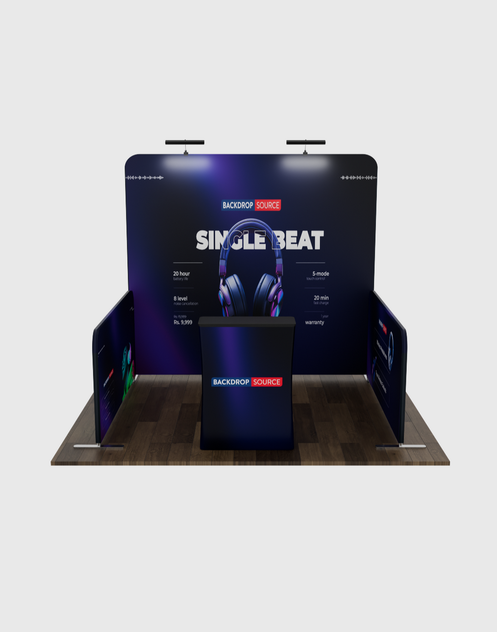 Ultimate 3mx3m Booth Kit with Backwall, Side Walls, Counter, and Lights.