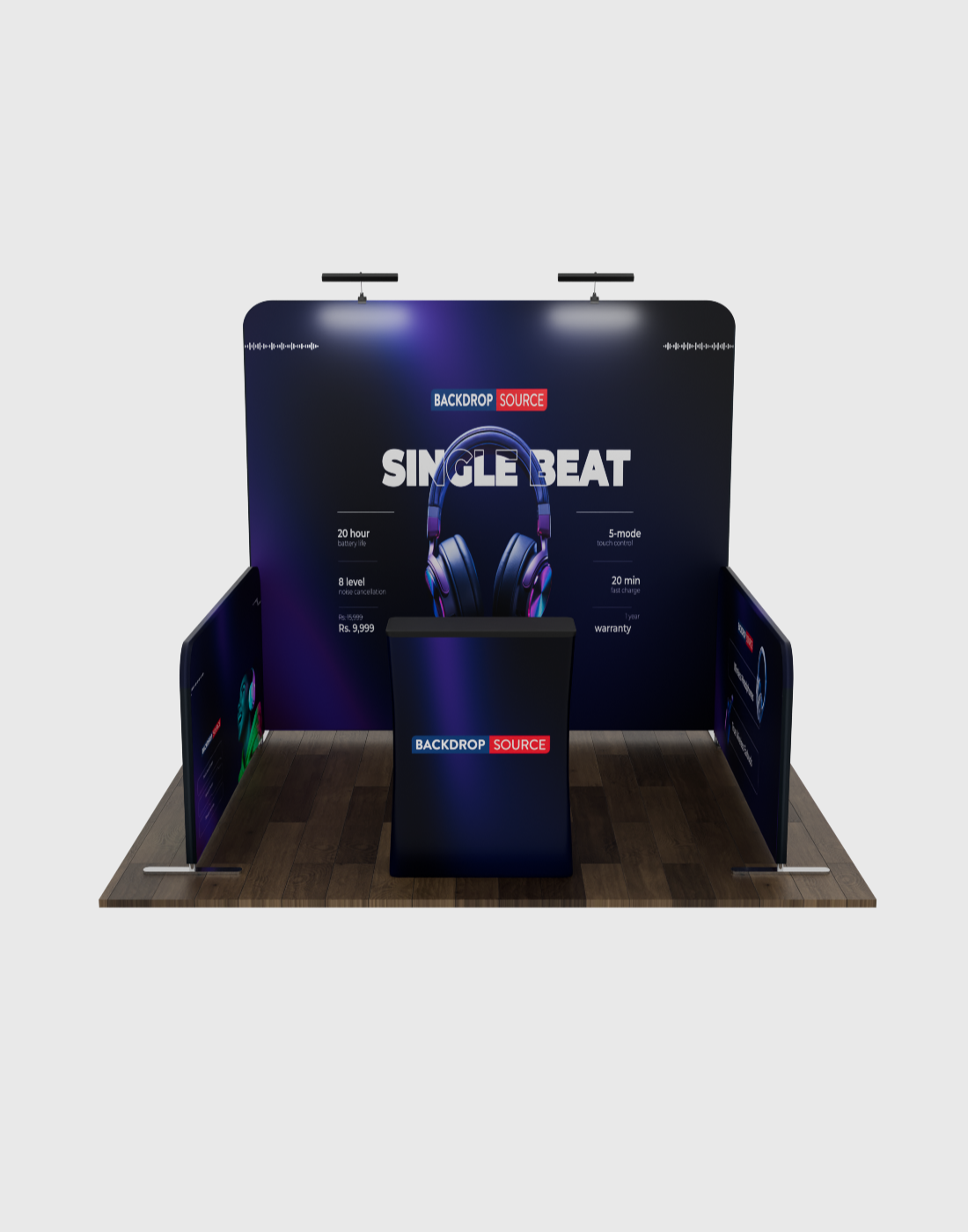 Ultimate 3mx3m Booth Kit with Backwall, Side Walls, Counter, and Lights.
