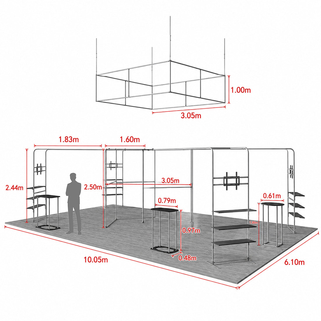 9x6m Island Booth Kit with Hexagon Lounge Shelving & 4 Counters
