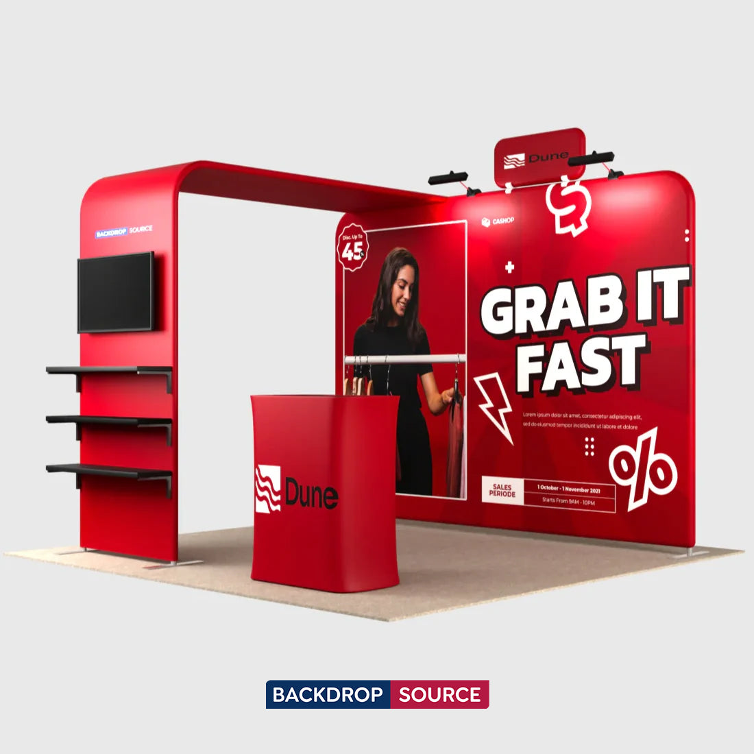 3x3m Booth Kit with L-Shape TV Shelf Tower & Counter
