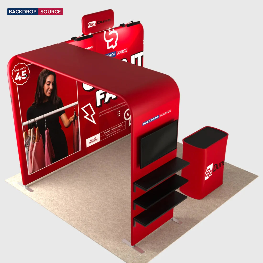 3x3m Booth Kit with L-Shape TV Shelf Tower & Counter