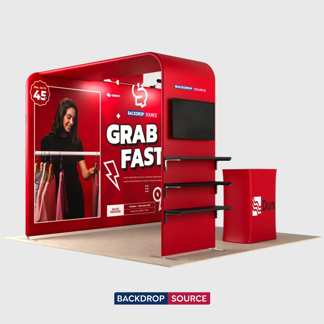 3x3m Booth Kit with L-Shape TV Shelf Tower & Counter