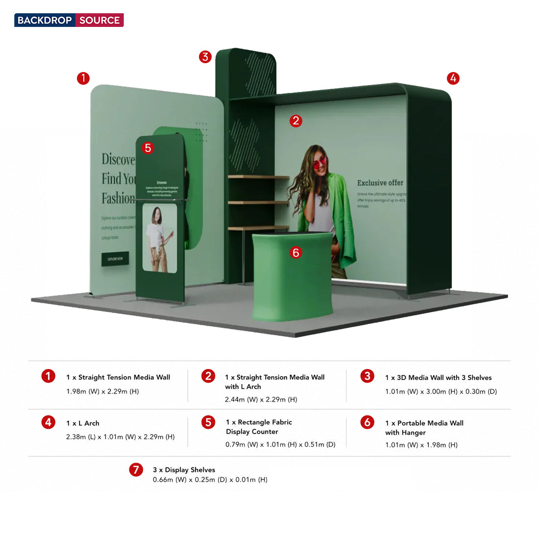 3x3m L-Arch Booth Kit with 3D Shelf Wall Box & Counter