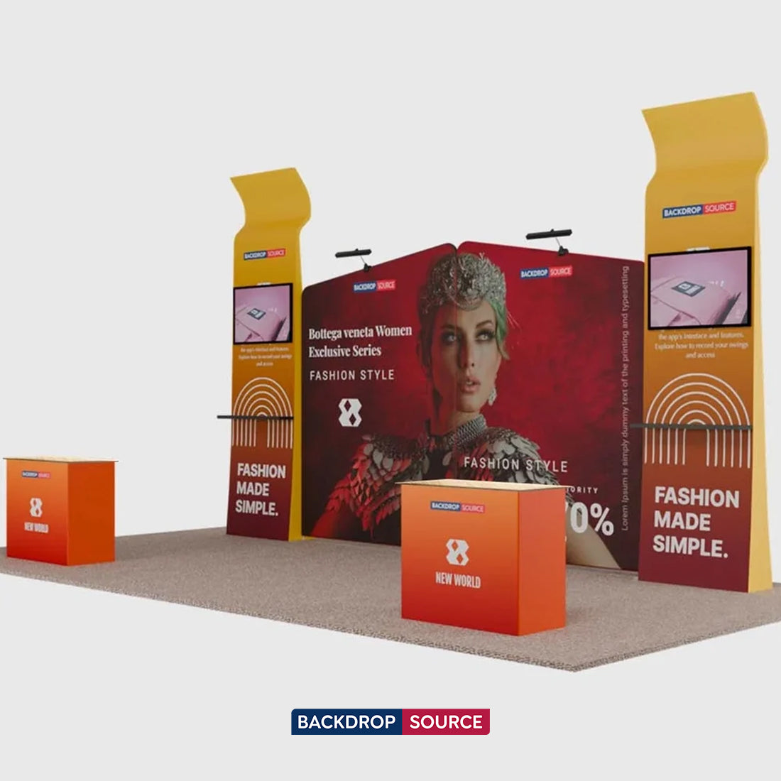 6x3m Booth Kit with Inclined Walls, 3D Shelf Stands & TV Mounts
