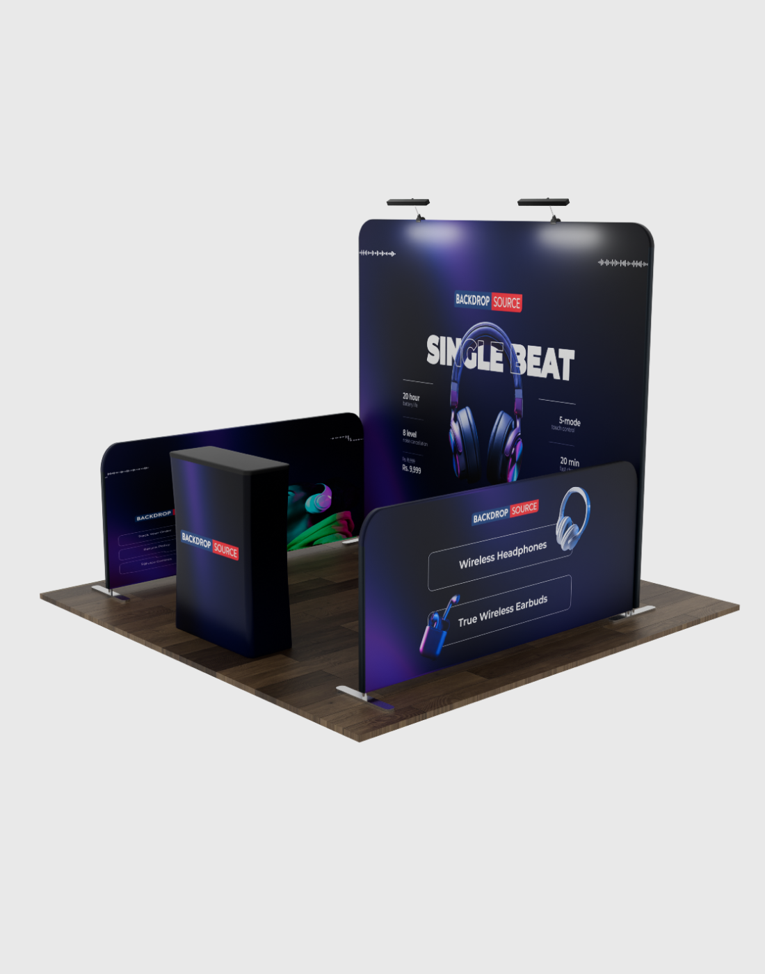 Ultimate 3mx3m Booth Kit with Backwall, Side Walls, Counter, and Lights.