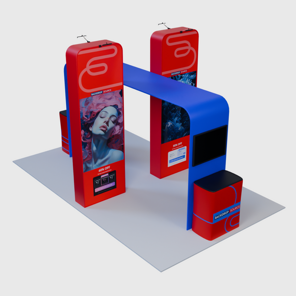 6x3m Booth Kit with 3D Media Walls, Square TV Arch & 2 Counters