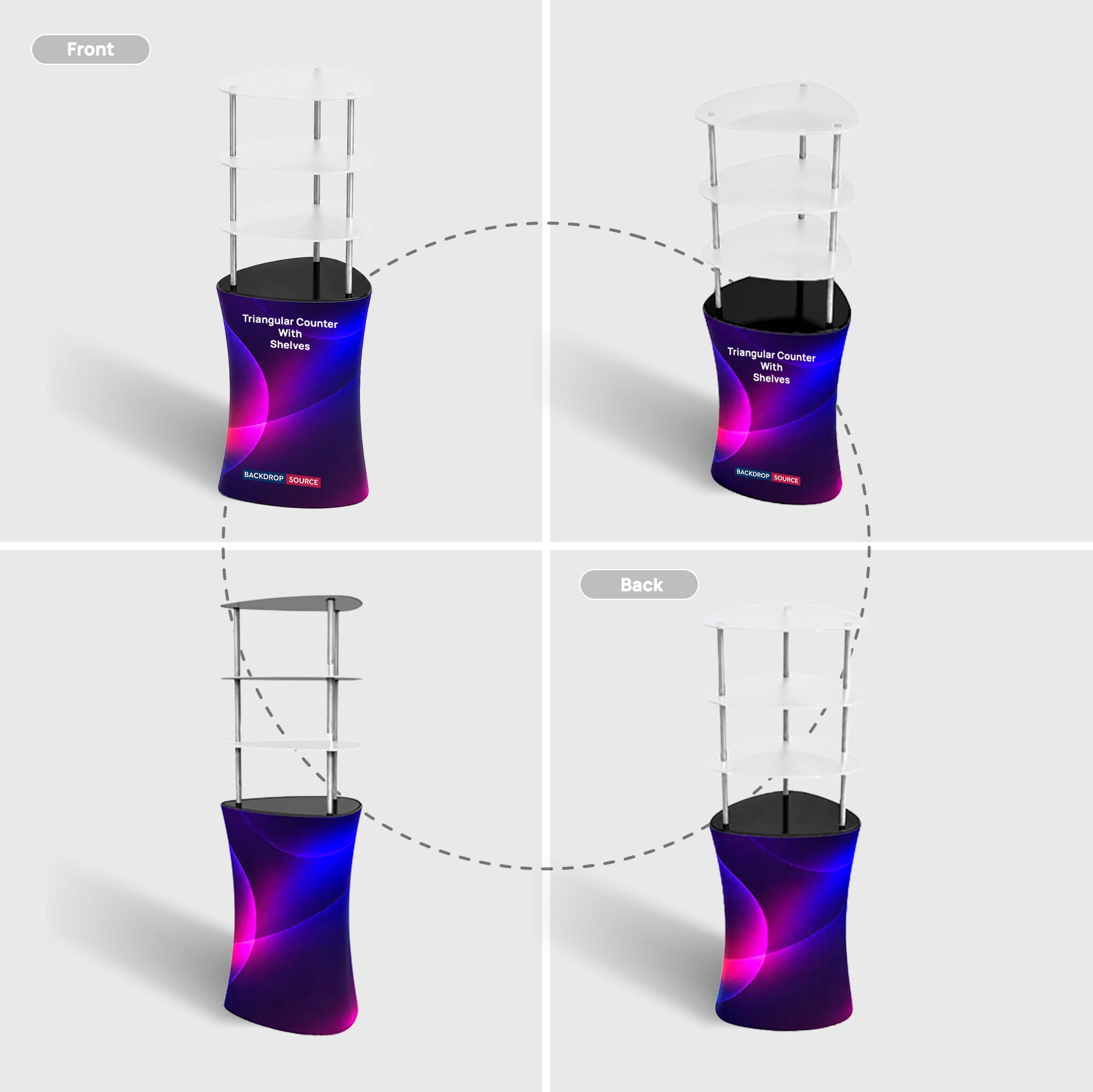Triangular Fabric Display Counter with Acrylic Triple Shelves
