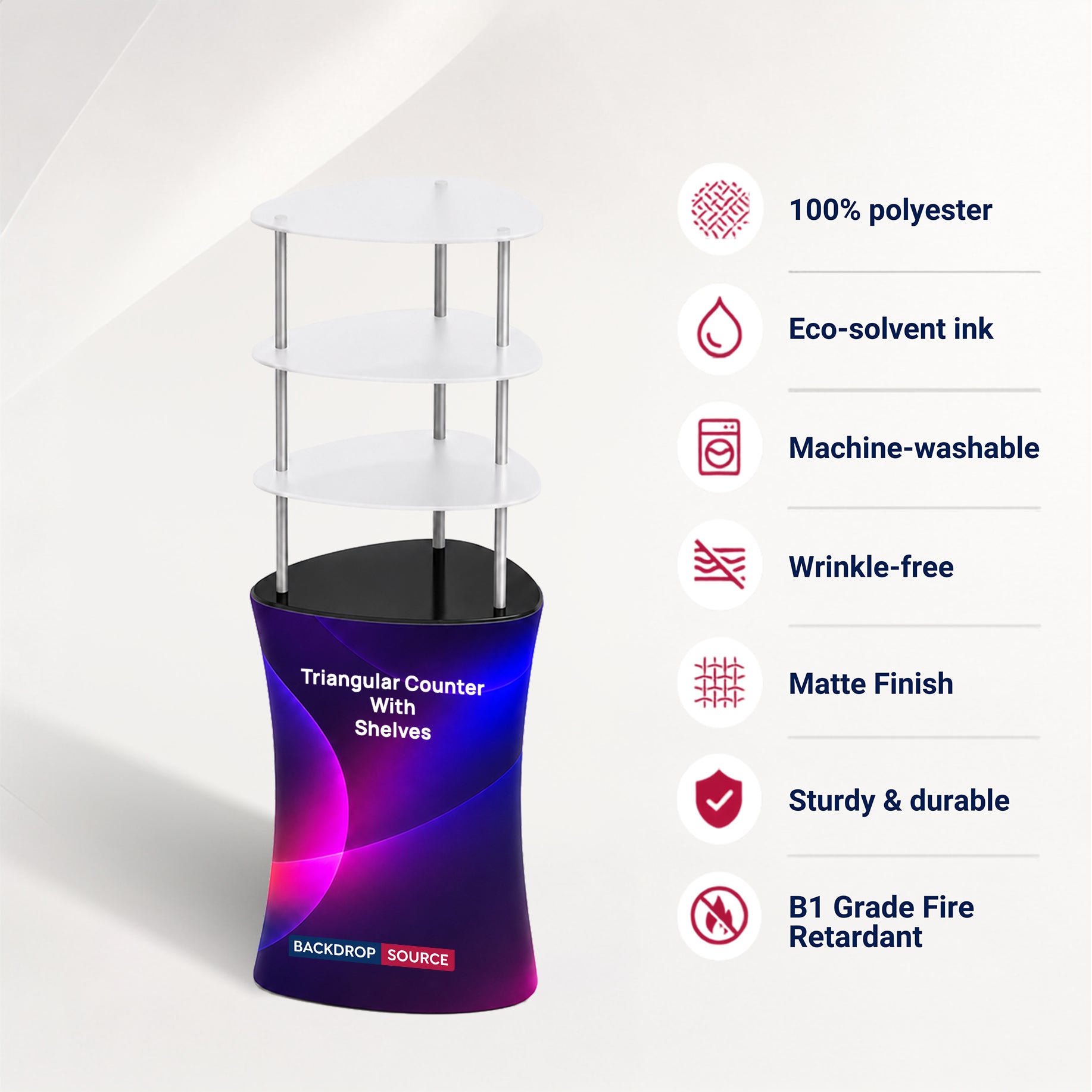 Triangular Fabric Display Counter with Acrylic Triple Shelves