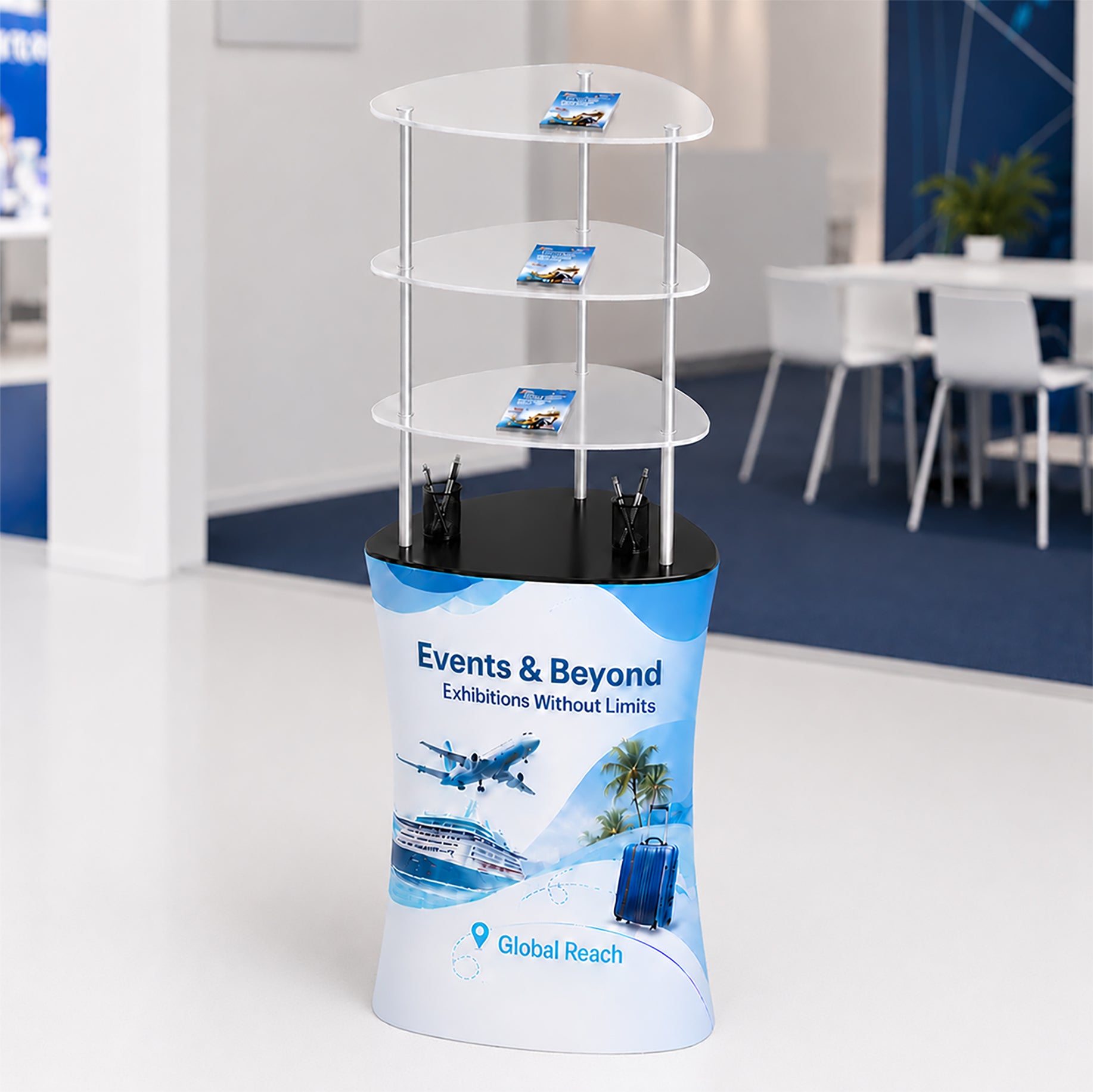 Triangular Fabric Display Counter with Acrylic Triple Shelves
