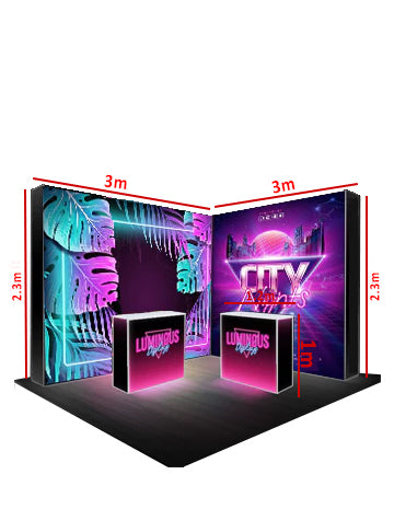 L-Shaped Illuminated Media Wall Set with Counters for 3m x 3m Booths.