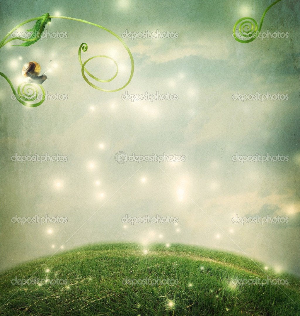 Fantasy Landscape with Small Snail Indelible Print Fabric Backdrop