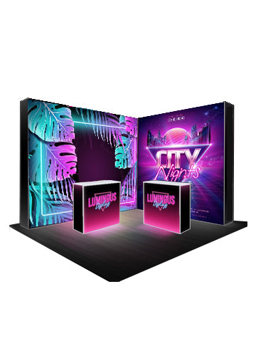 L-Shaped Illuminated Media Wall Set with Counters for 3m x 3m Booths.