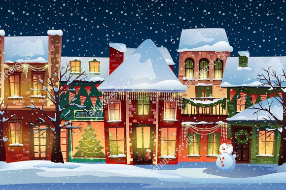 Snowy Holiday Winter Town Eve Backdrop.